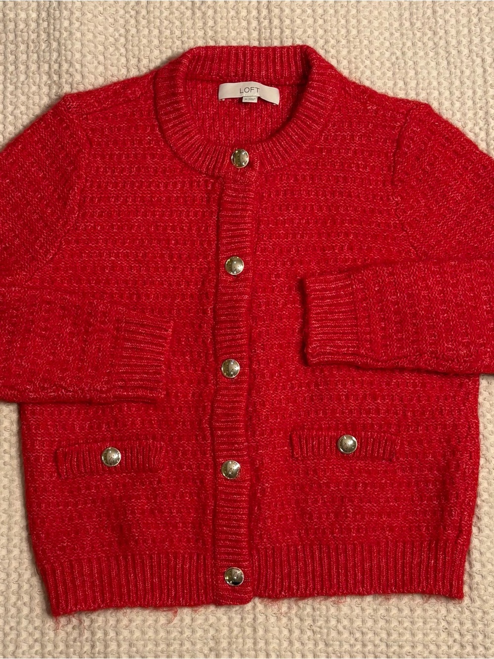 LOFT Red Button-Front Knit Cardigan